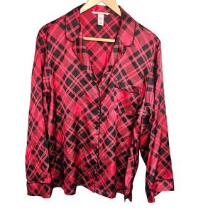 Victorias Secret Red Black Plaid Satin Pajama Top Button Up Long‎ Sleeve Large
